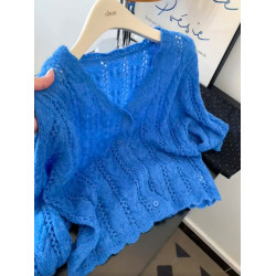 大碼克萊因藍長袖鏤空針織開衫女秋季慵懶風軟糯毛衣胖MM顯瘦上衣