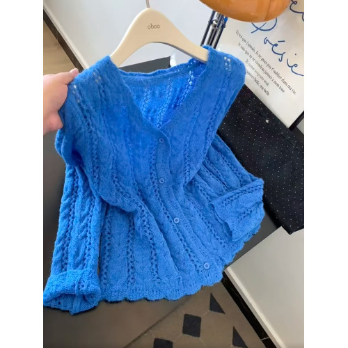 大碼克萊因藍長袖鏤空針織開衫女秋季慵懶風軟糯毛衣胖MM顯瘦上衣 大碼克萊因藍長袖鏤空針織開衫女秋季慵懶風軟糯毛衣胖MM顯瘦上衣