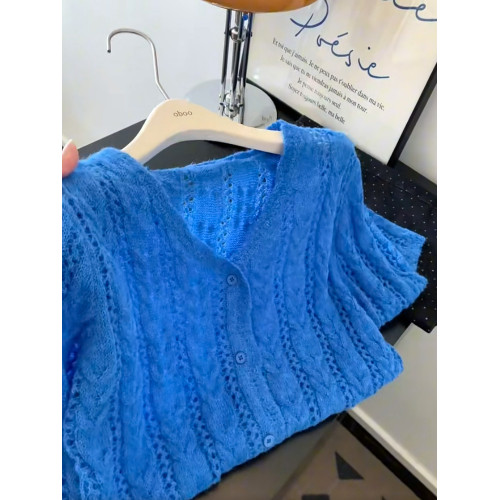 大碼克萊因藍長袖鏤空針織開衫女秋季慵懶風軟糯毛衣胖MM顯瘦上衣 大碼克萊因藍長袖鏤空針織開衫女秋季慵懶風軟糯毛衣胖MM顯瘦上衣