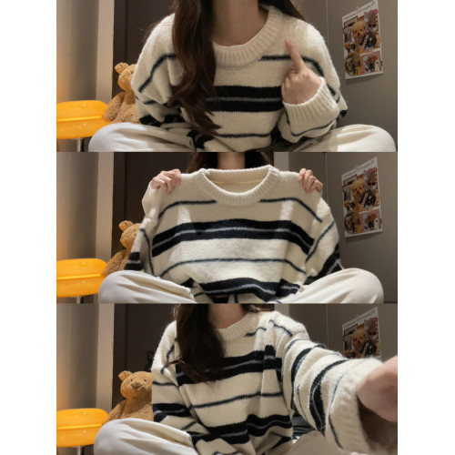 美式寬松慵懶風圓領套頭條紋毛衣女秋冬季寬松軟糯百搭針織衫上衣 美式寬松慵懶風圓領套頭條紋毛衣女秋冬季寬松軟糯百搭針織衫上衣