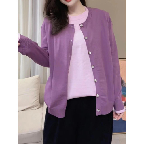 大碼胖mm設計感拼色假兩件針織開衫女春季顯瘦寬鬆高級感毛衣上衣