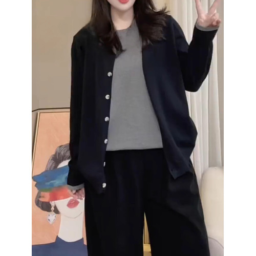 大碼胖mm設計感拼色假兩件針織開衫女春季顯瘦寬鬆高級感毛衣上衣