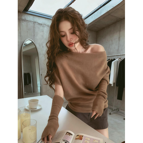 咖色斜肩一字領羊毛修身打底衫女早秋內搭可外穿配袖套針織衫上衣 咖色斜肩一字領羊毛修身打底衫女早秋內搭可外穿配袖套針織衫上衣