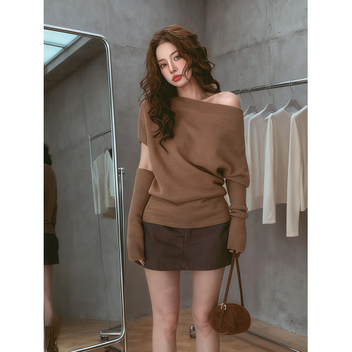 咖色斜肩一字領羊毛修身打底衫女早秋內搭可外穿配袖套針織衫上衣 咖色斜肩一字領羊毛修身打底衫女早秋內搭可外穿配袖套針織衫上衣