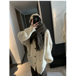 韓系灰色軟糯高領開衫毛衣外套女秋冬外穿慵懶風寬松中長款針織衫