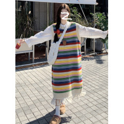 韓系穿搭彩虹條紋流蘇套頭毛衣女秋冬加厚寬松慵懶風中長款針織衫