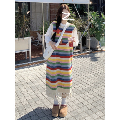 韓系穿搭彩虹條紋流蘇套頭毛衣女秋冬加厚寬松慵懶風中長款針織衫