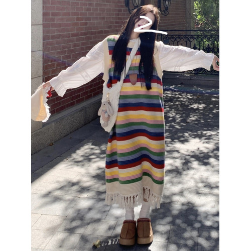 韓系穿搭彩虹條紋流蘇套頭毛衣女秋冬加厚寬松慵懶風中長款針織衫