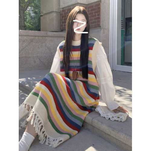 韓系穿搭彩虹條紋流蘇套頭毛衣女秋冬加厚寬松慵懶風中長款針織衫