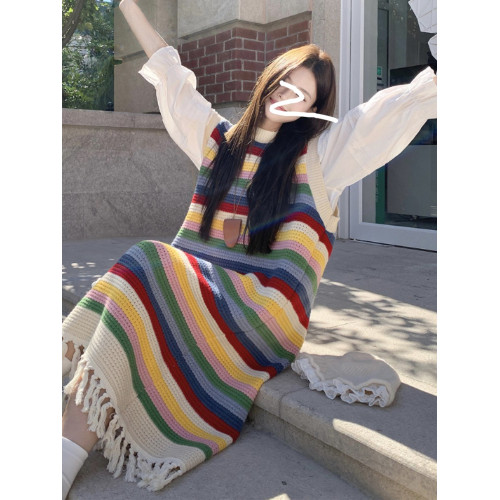 韓系穿搭彩虹條紋流蘇套頭毛衣女秋冬加厚寬松慵懶風中長款針織衫