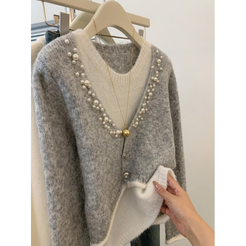 韓系假兩件釘珠針織開衫女2025秋冬新款氣質高級感設計感小衆毛衣