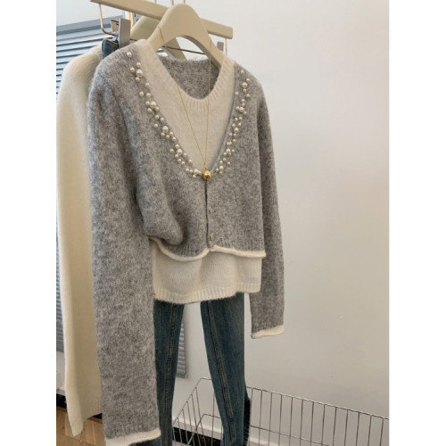 韓系假兩件釘珠針織開衫女2025秋冬新款氣質高級感設計感小衆毛衣