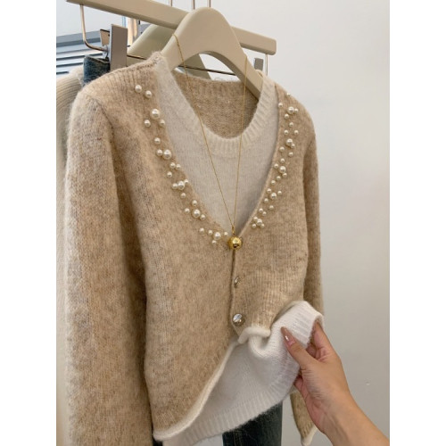 韓系假兩件釘珠針織開衫女2025秋冬新款氣質高級感設計感小衆毛衣