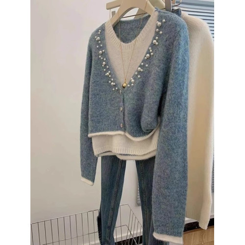 韓系假兩件釘珠針織開衫女2025秋冬新款氣質高級感設計感小衆毛衣