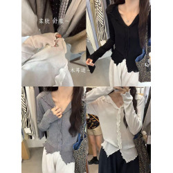 大碼休閒木耳邊長袖針織衫女秋季新款內搭打底衫胖MM遮肉顯瘦上衣