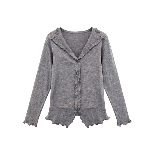 大碼休閒木耳邊長袖針織衫女秋季新款內搭打底衫胖MM遮肉顯瘦上衣