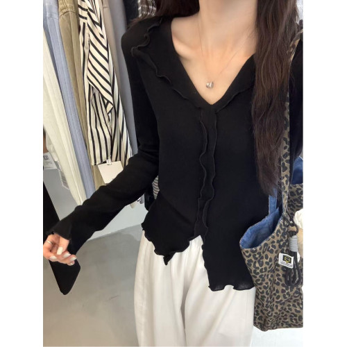 大碼休閒木耳邊長袖針織衫女秋季新款內搭打底衫胖MM遮肉顯瘦上衣