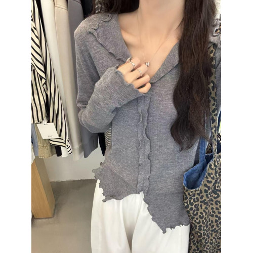 大碼休閒木耳邊長袖針織衫女秋季新款內搭打底衫胖MM遮肉顯瘦上衣