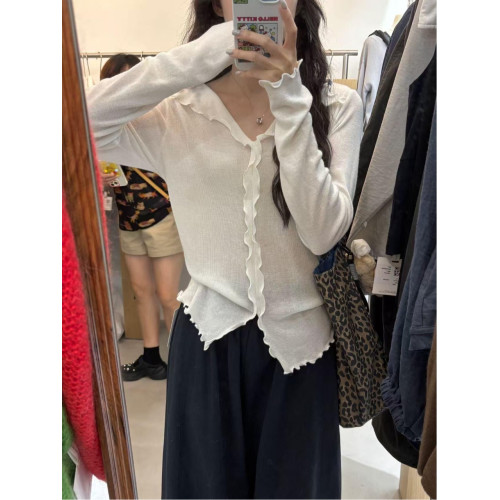 大碼休閒木耳邊長袖針織衫女秋季新款內搭打底衫胖MM遮肉顯瘦上衣