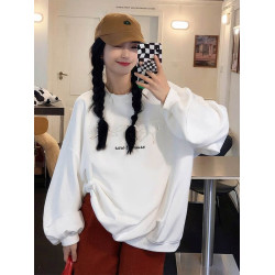 純棉圓領衛衣女新款秋冬加絨加厚寬松無帽百搭中長款學院風上衣潮