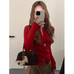 韓系紅色針織開衫女早秋穿搭設計感修身顯瘦收腰長袖打底內搭上衣