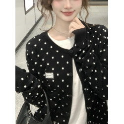 早秋黑色波點圓領假兩件針織開衫女秋2025新款小個子初秋毛衣外套