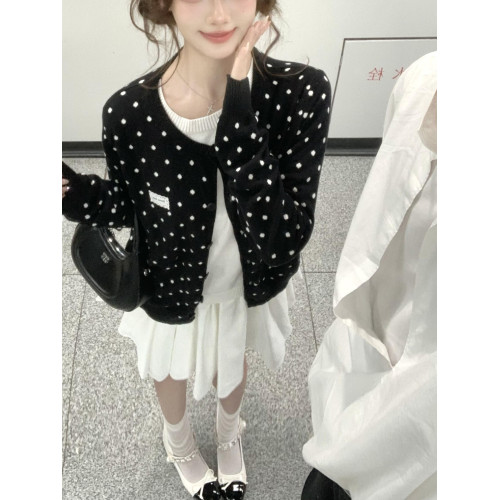 早秋黑色波點圓領假兩件針織開衫女秋2025新款小個子初秋毛衣外套 早秋黑色波點圓領假兩件針織開衫女秋2025新款小個子初秋毛衣外套