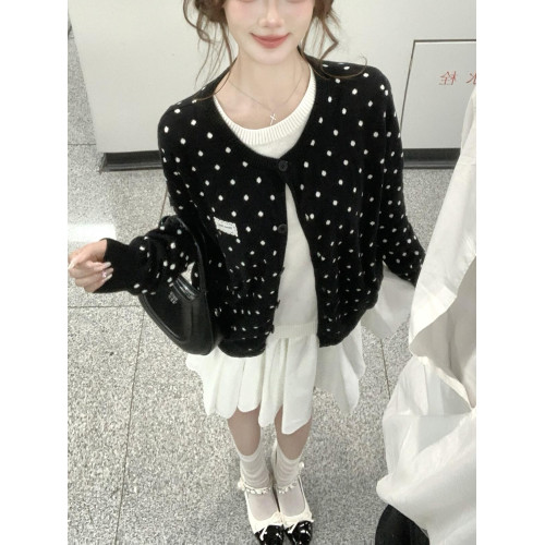 早秋黑色波點圓領假兩件針織開衫女秋2025新款小個子初秋毛衣外套 早秋黑色波點圓領假兩件針織開衫女秋2025新款小個子初秋毛衣外套