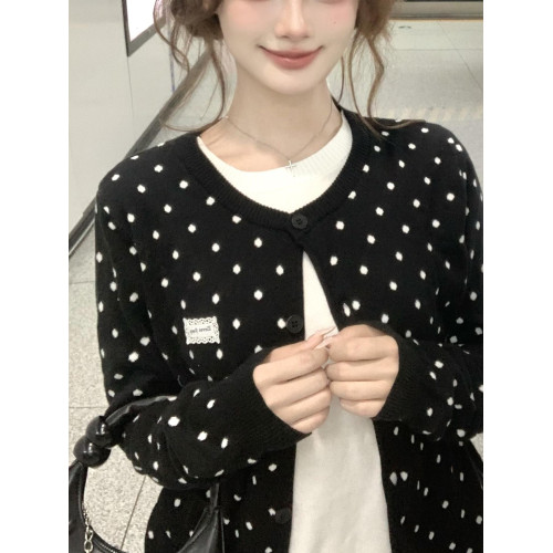 早秋黑色波點圓領假兩件針織開衫女秋2025新款小個子初秋毛衣外套 早秋黑色波點圓領假兩件針織開衫女秋2025新款小個子初秋毛衣外套