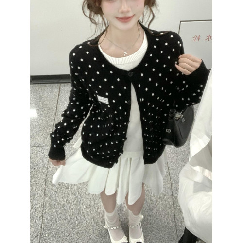 早秋黑色波點圓領假兩件針織開衫女秋2025新款小個子初秋毛衣外套 早秋黑色波點圓領假兩件針織開衫女秋2025新款小個子初秋毛衣外套