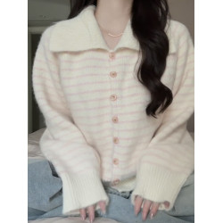 日系甜美粉色條紋2025秋季針織毛衣外套女寬松顯瘦小個子翻領開衫