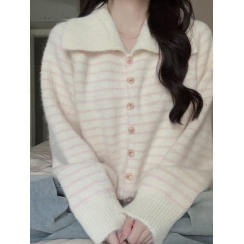 日系甜美粉色條紋2025秋季針織毛衣外套女寬松顯瘦小個子翻領開衫