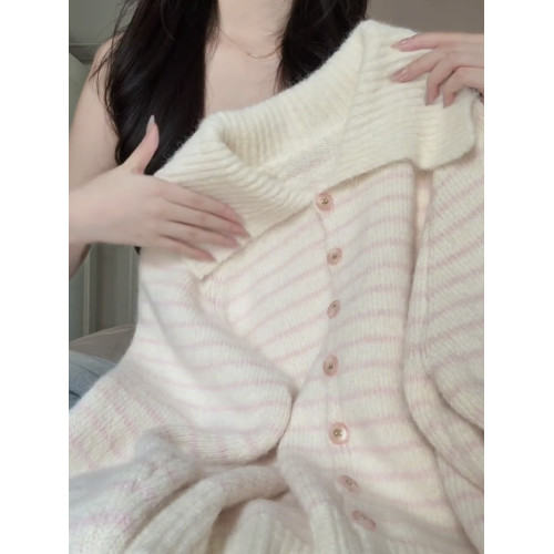 日系甜美粉色條紋2025秋季針織毛衣外套女寬松顯瘦小個子翻領開衫