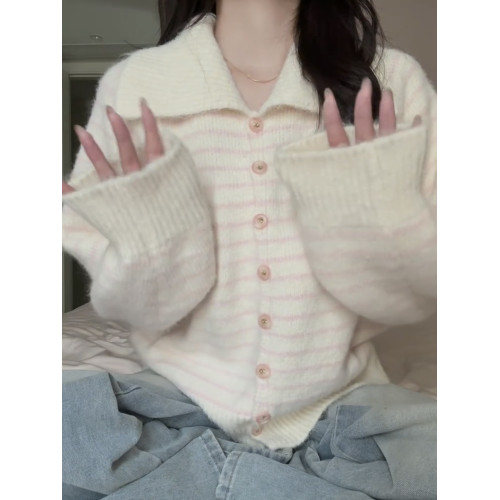 日系甜美粉色條紋2025秋季針織毛衣外套女寬松顯瘦小個子翻領開衫