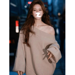 趙露思同款米茶色慵懶風一字肩針織衫女不規則下擺毛衣溫柔風上衣
