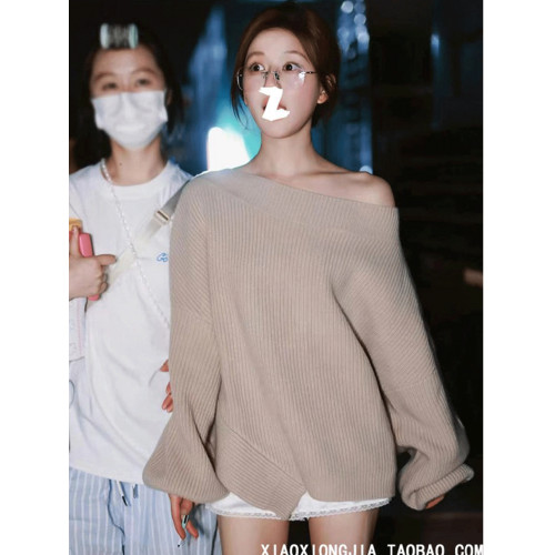 趙露思同款米茶色慵懶風一字肩針織衫女不規則下擺毛衣溫柔風上衣