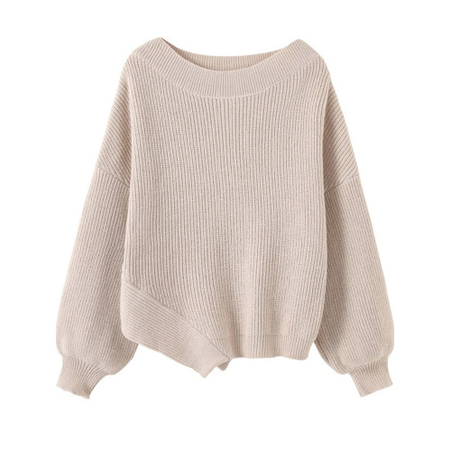 趙露思同款米茶色慵懶風一字肩針織衫女不規則下擺毛衣溫柔風上衣