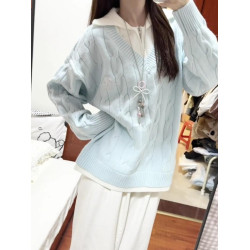 藍色假兩件繙領麻花毛衣女秋冬寬鬆慵嬾風加厚時尚外穿針織衫上衣