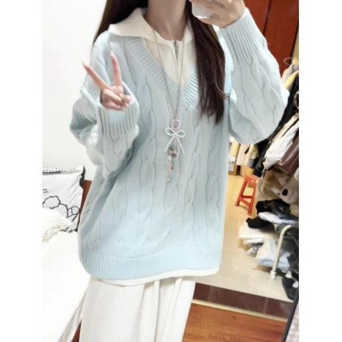 藍色假兩件繙領麻花毛衣女秋冬寬鬆慵嬾風加厚時尚外穿針織衫上衣