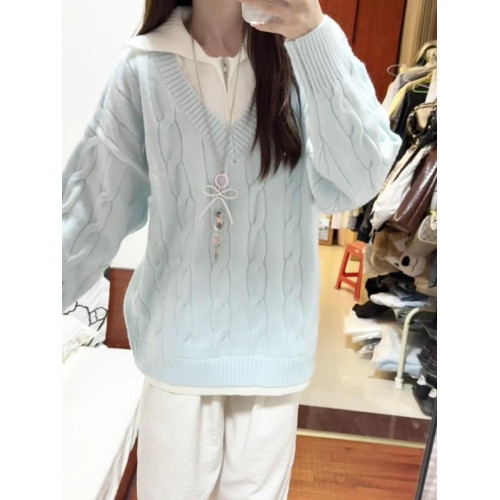 藍色假兩件繙領麻花毛衣女秋冬寬鬆慵嬾風加厚時尚外穿針織衫上衣