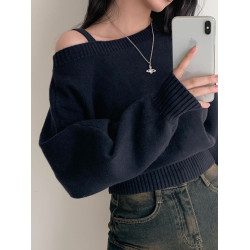 韓國chic秋冬復古氣質斜領露肩設計寬松休閒百搭長袖針織衫毛衣女