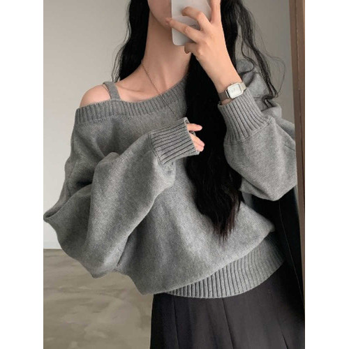 韓國chic秋冬復古氣質斜領露肩設計寬松休閒百搭長袖針織衫毛衣女