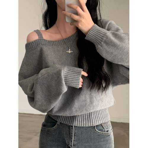 韓國chic秋冬復古氣質斜領露肩設計寬松休閒百搭長袖針織衫毛衣女