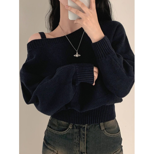 韓國chic秋冬復古氣質斜領露肩設計寬松休閒百搭長袖針織衫毛衣女