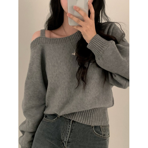 韓國chic秋冬復古氣質斜領露肩設計寬松休閒百搭長袖針織衫毛衣女