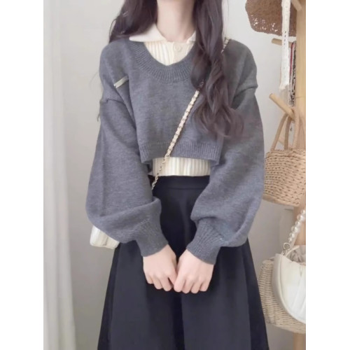 學院風短款POLO領毛衣女2025新款春秋冬高腰設計感兩件套針織上衣