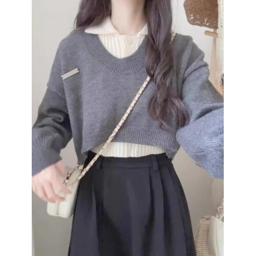學院風短款POLO領毛衣女2025新款春秋冬高腰設計感兩件套針織上衣