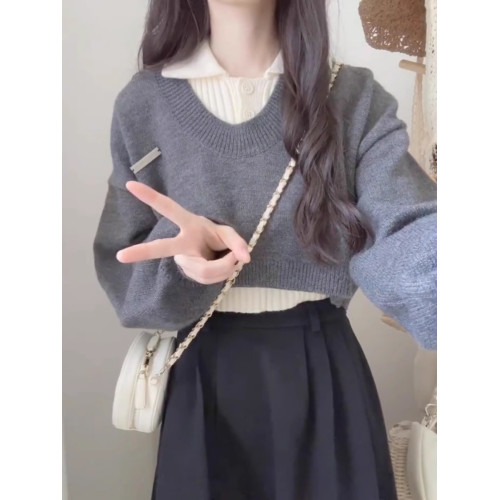 學院風短款POLO領毛衣女2025新款春秋冬高腰設計感兩件套針織上衣