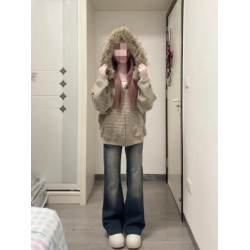 美式復古條紋連帽衛衣外套女秋冬季寬松毛領針織外穿上衣拉鍊開衫