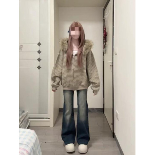 美式復古條紋連帽衛衣外套女秋冬季寬松毛領針織外穿上衣拉鍊開衫